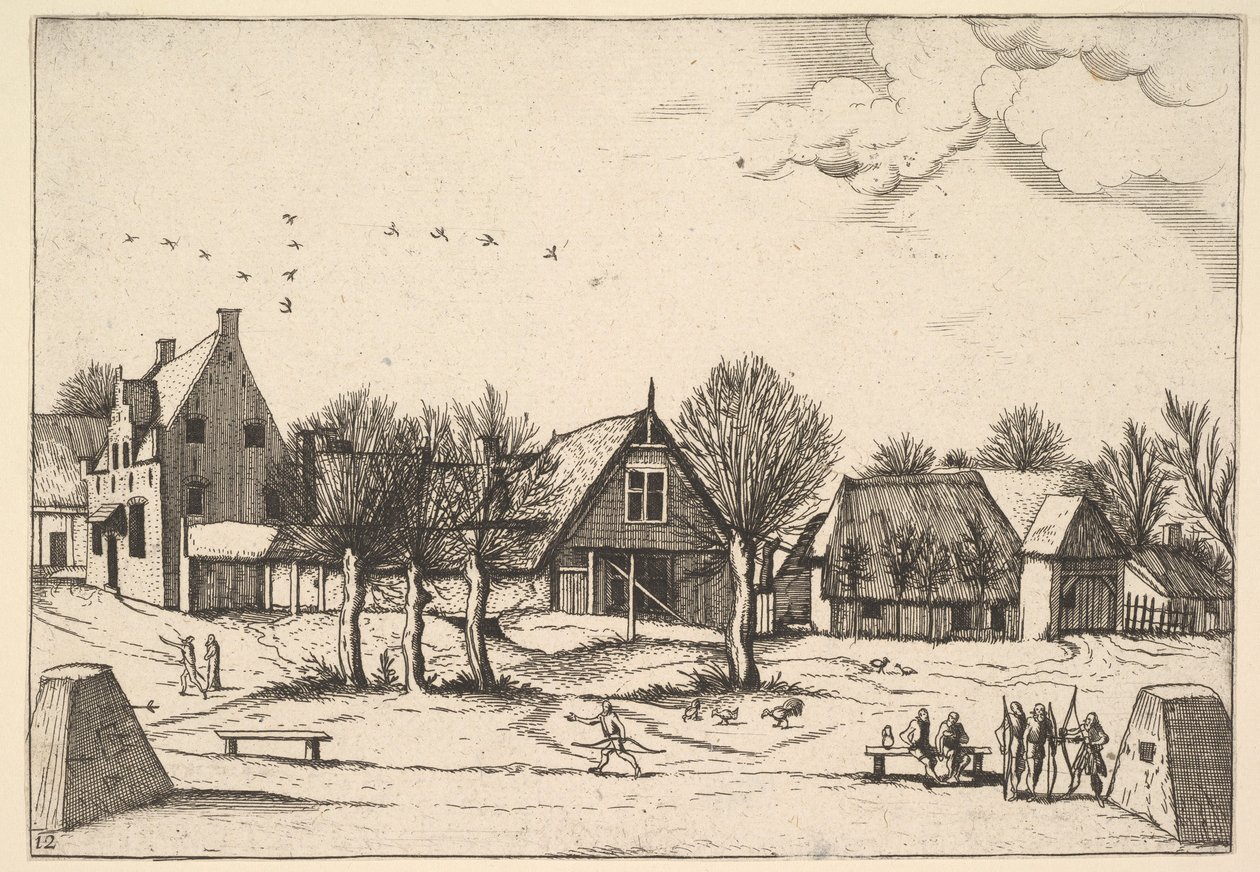 Country Village, etualalla jousimiehet Multifariarum casularum ruriumque linea..., 1559-61. tekijältä Johannes van Doetecum I