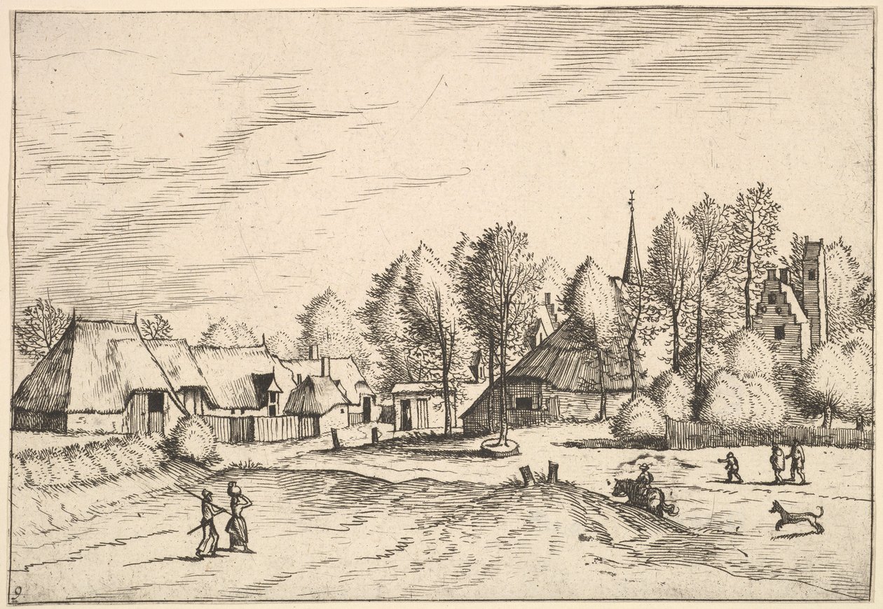 Maaseutukylä ja kirkkotorni Multifariarum casularum maaseudun piirteistä cur..., 1559-61 tekijältä Johannes van Doetecum I