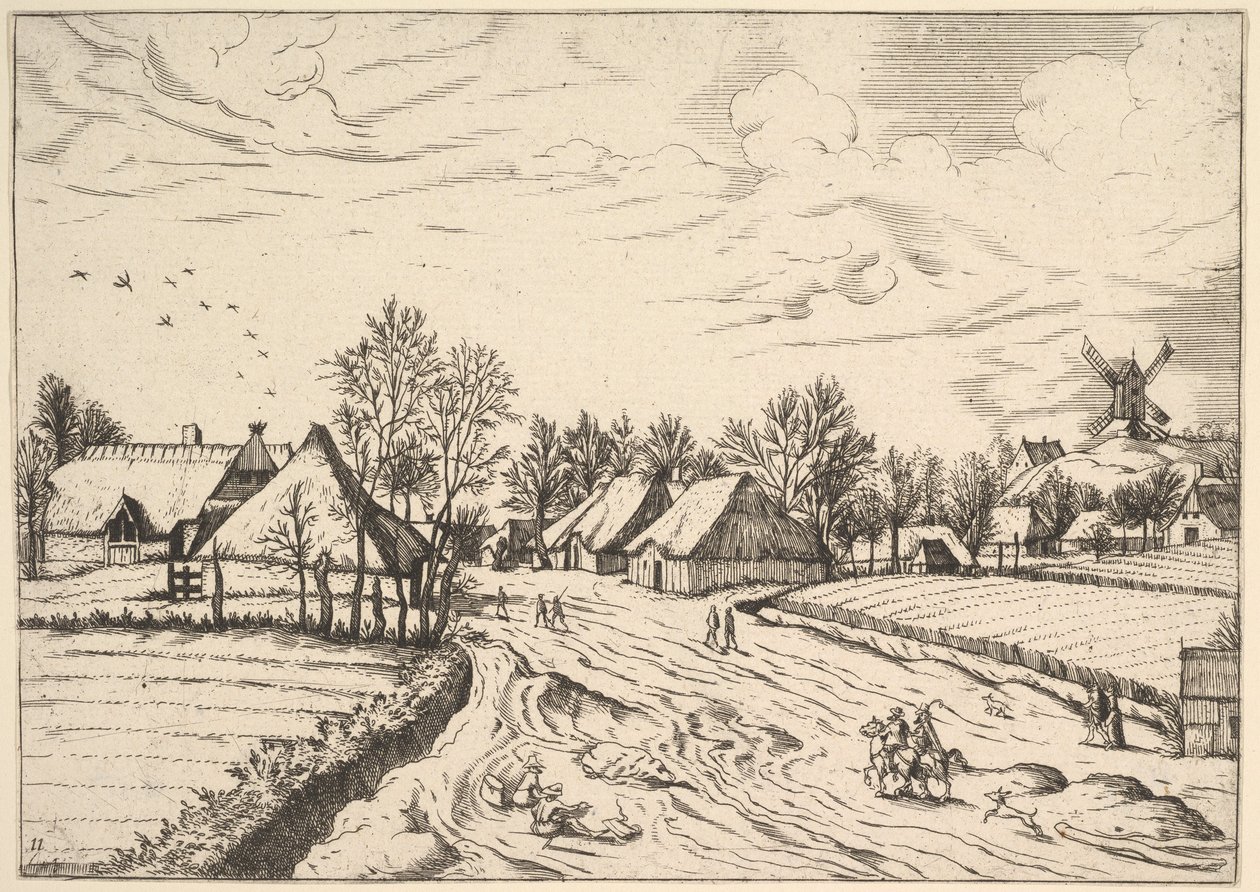 Maaseutukylä, jossa on Multifariarum casularum curiosin postimylly..., 1559-61 tekijältä Johannes van Doetecum I