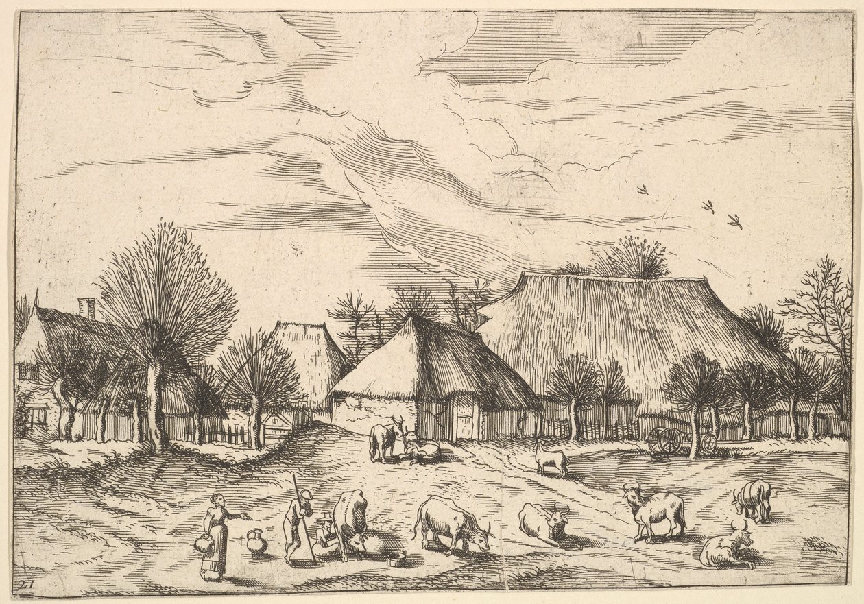 Maatilat, karja paimenet ja maitotytöt etualalla Multifariarum casularu..., 1559-61. tekijältä Johannes van Doetecum I