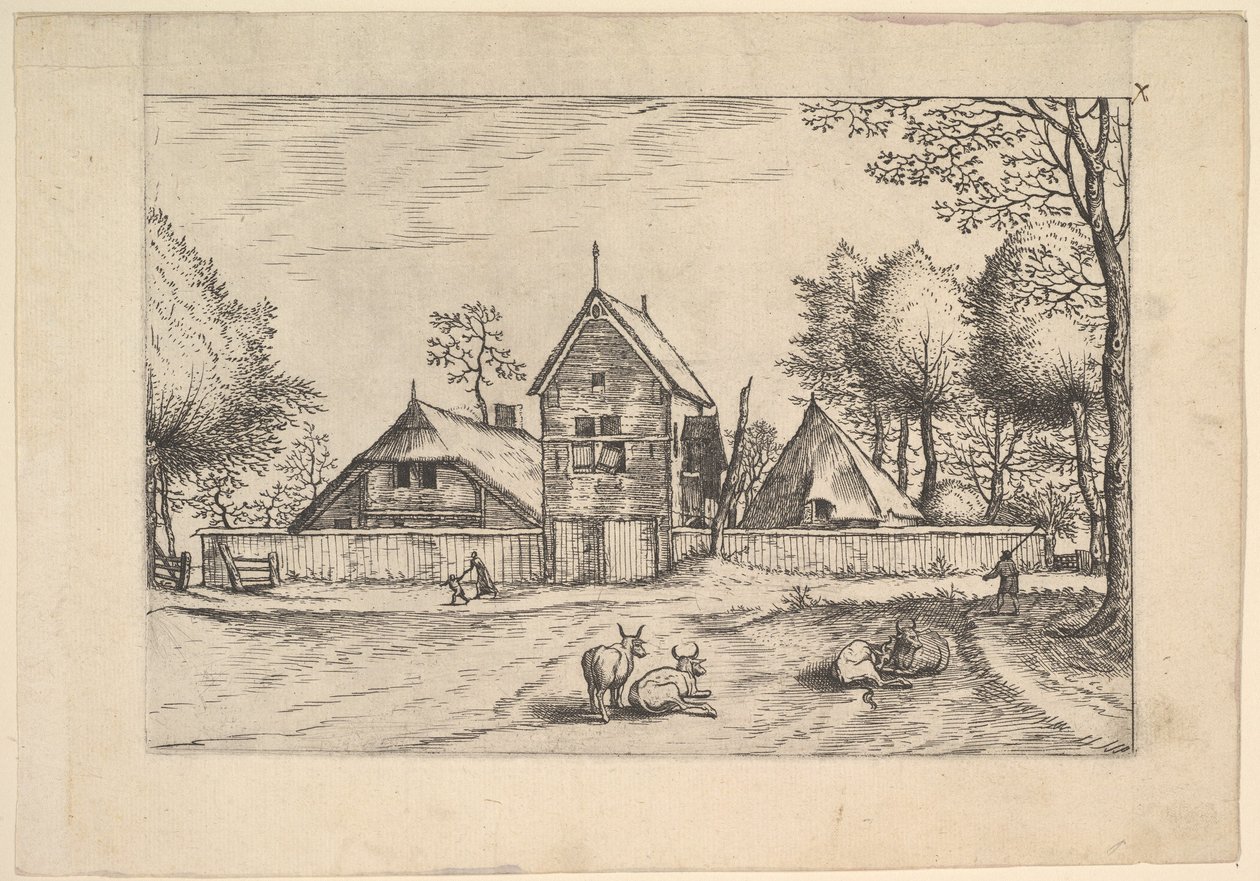 Maatila, lehmät ja paimen etualalla Praediorum villarum et rusticar..., n. 1559-61. tekijältä Johannes van Doetecum I