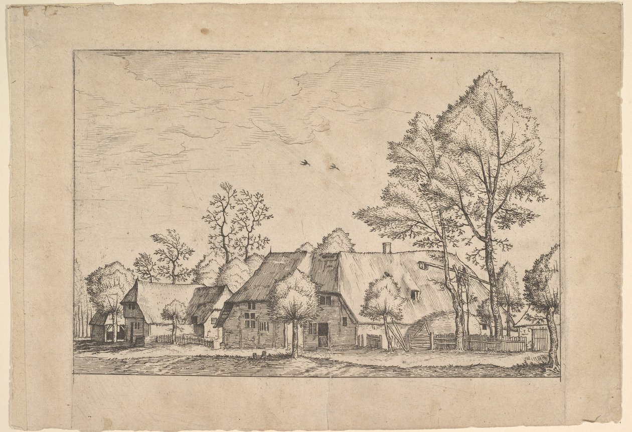 Suuri maatila piirtämäkaivolla Maatilojen ja maaseutumökkien kuvakkeet..., n. 1559-61. tekijältä Johannes van Doetecum I