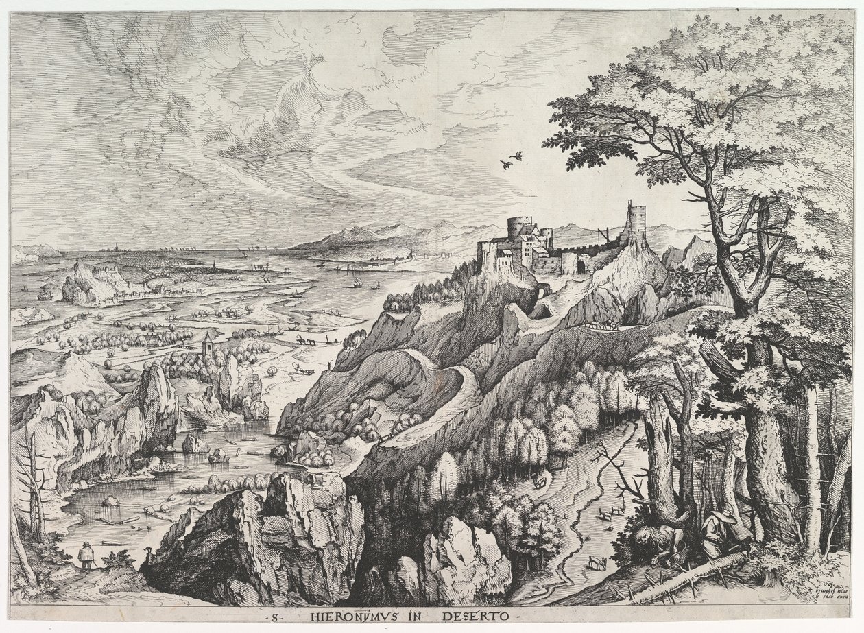 Pyhä Hieronymus erämaassa S. Hieronymus Desertossa teoksesta The Large Landscapes, n. 1555-56. tekijältä Johannes van Doetecum I