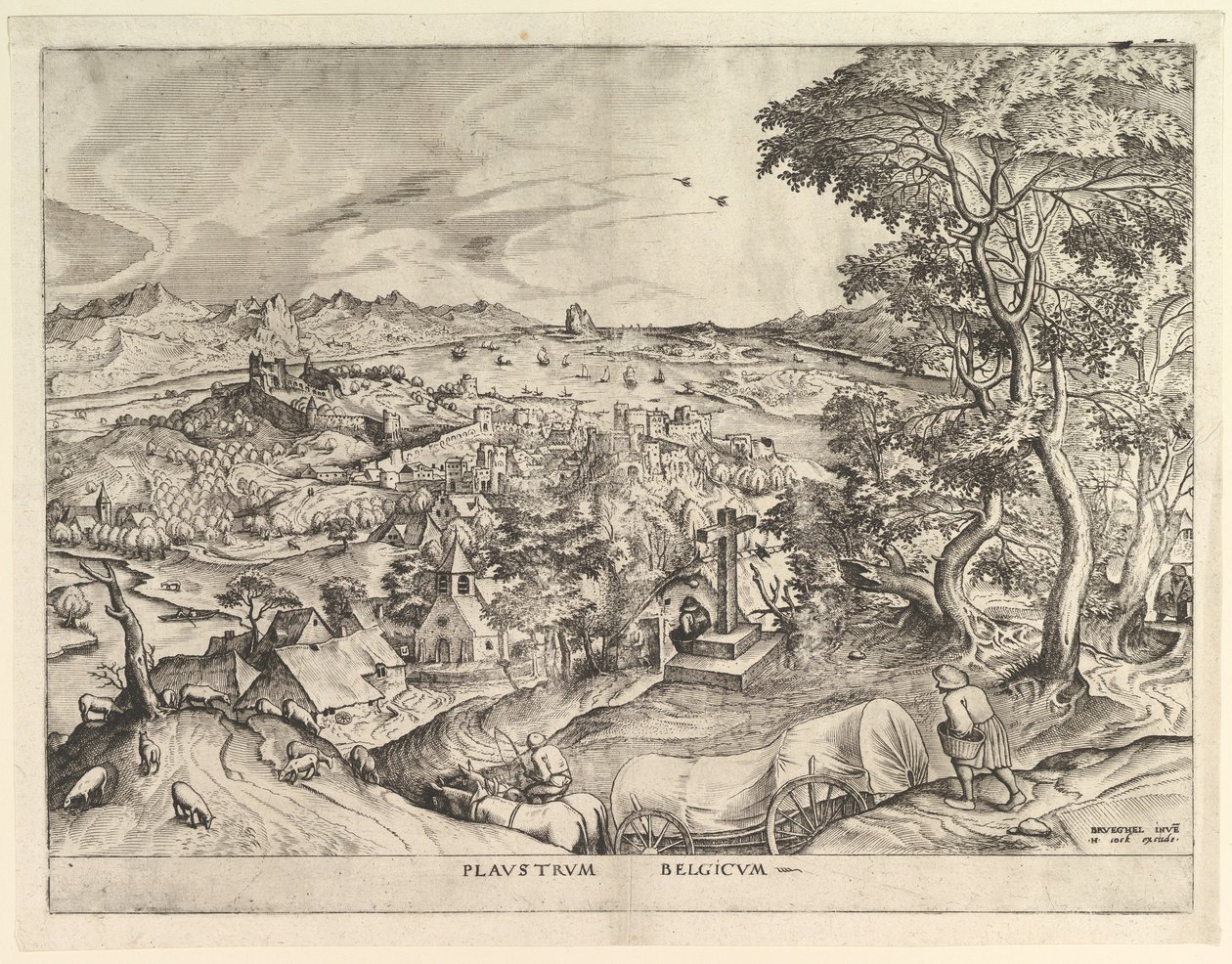 Belgialainen Wagon Plaustrum Belgicum Large Landscapesista, n. 1555-56. tekijältä Johannes van Doetecum I