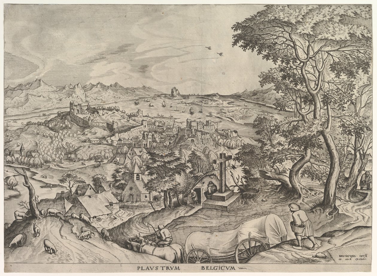 Belgialainen Wagon Plaustrum Belgicum Large Landscapesista, n. 1555-56. tekijältä Johannes van Doetecum I