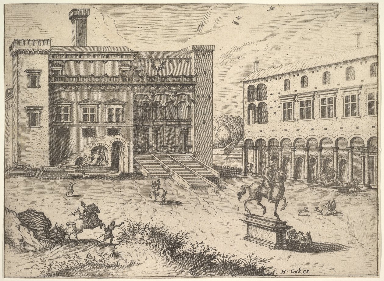 Näkymä Campidogliolle Capitoline-kukkulalla, hevospatsas oikeassa alakulmassa, edestä..., 1562. tekijältä Johannes van Doetecum I