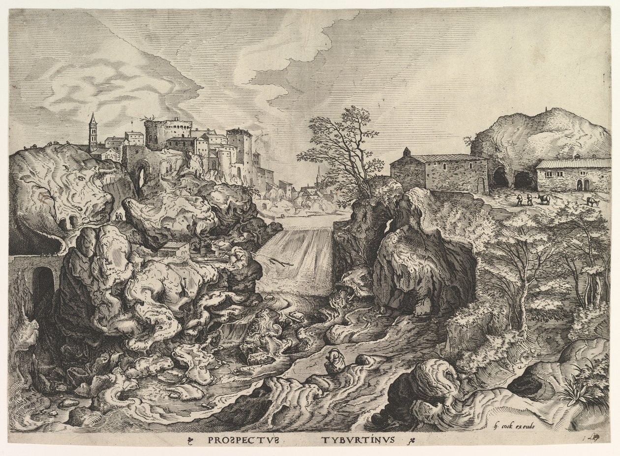 Näkymä Tiber Tivoli Prospektus Tyburtinukselle The Large Landscapesista, n. 1555-56. tekijältä Johannes van Doetecum I