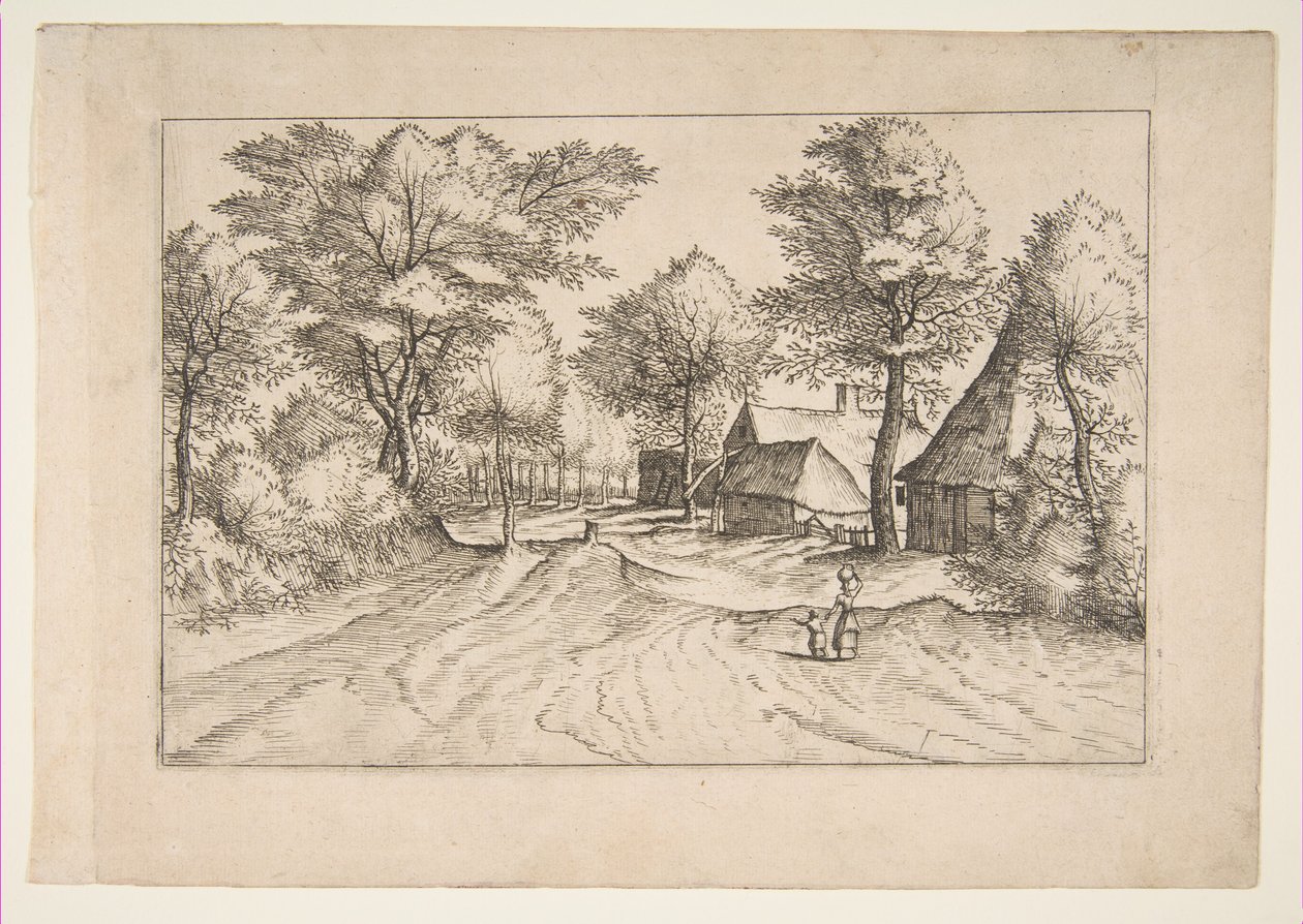 Village Road, jossa on maatila ja vajaita, sarjasta Pienet maisemat Multifariaru..., 1559-61. tekijältä Johannes van Doetecum I