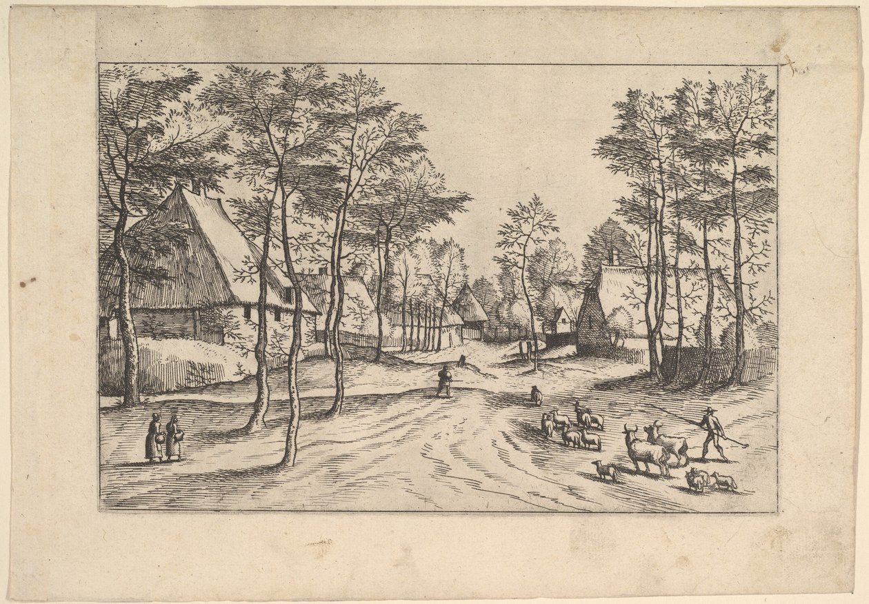 Village Street, karja, lampaat ja paimen etualalla Praediorum villar..., ca. 1559-61. tekijältä Johannes van Doetecum I