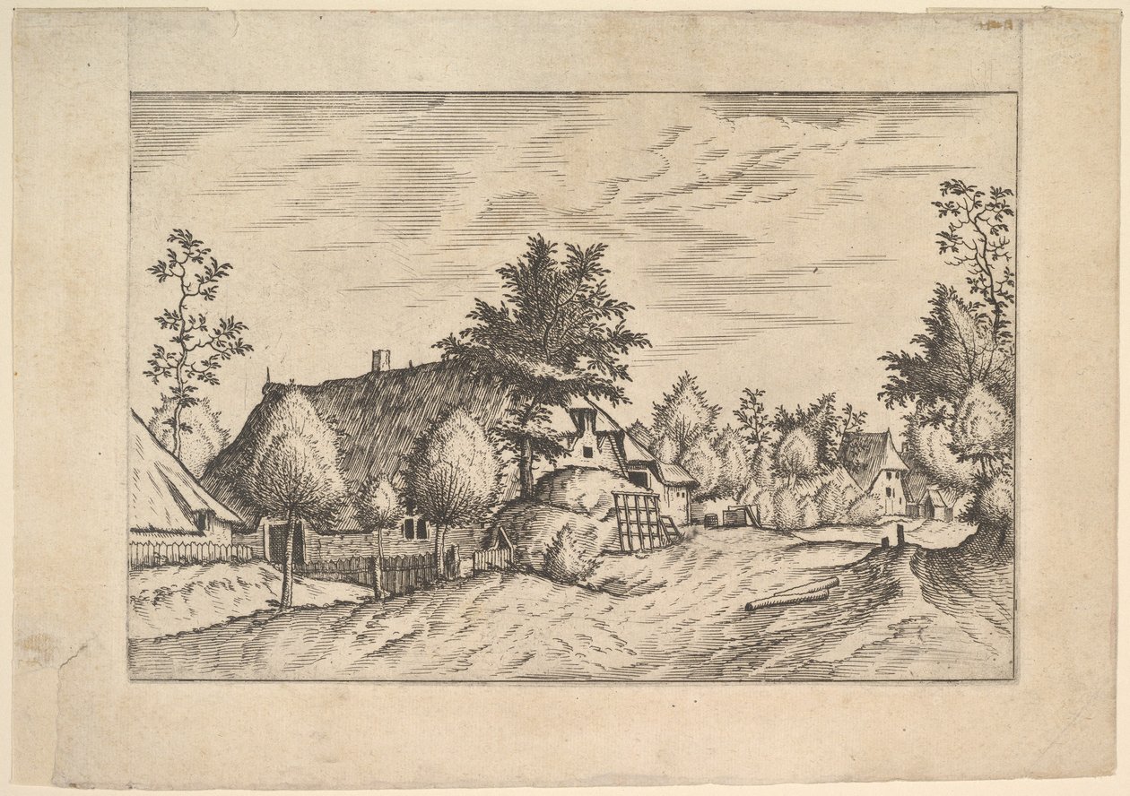 Village Street, heinää pinottu maatilan eteen Praediorum villarum et rusticar..., n. 1559-61. tekijältä Johannes van Doetecum I