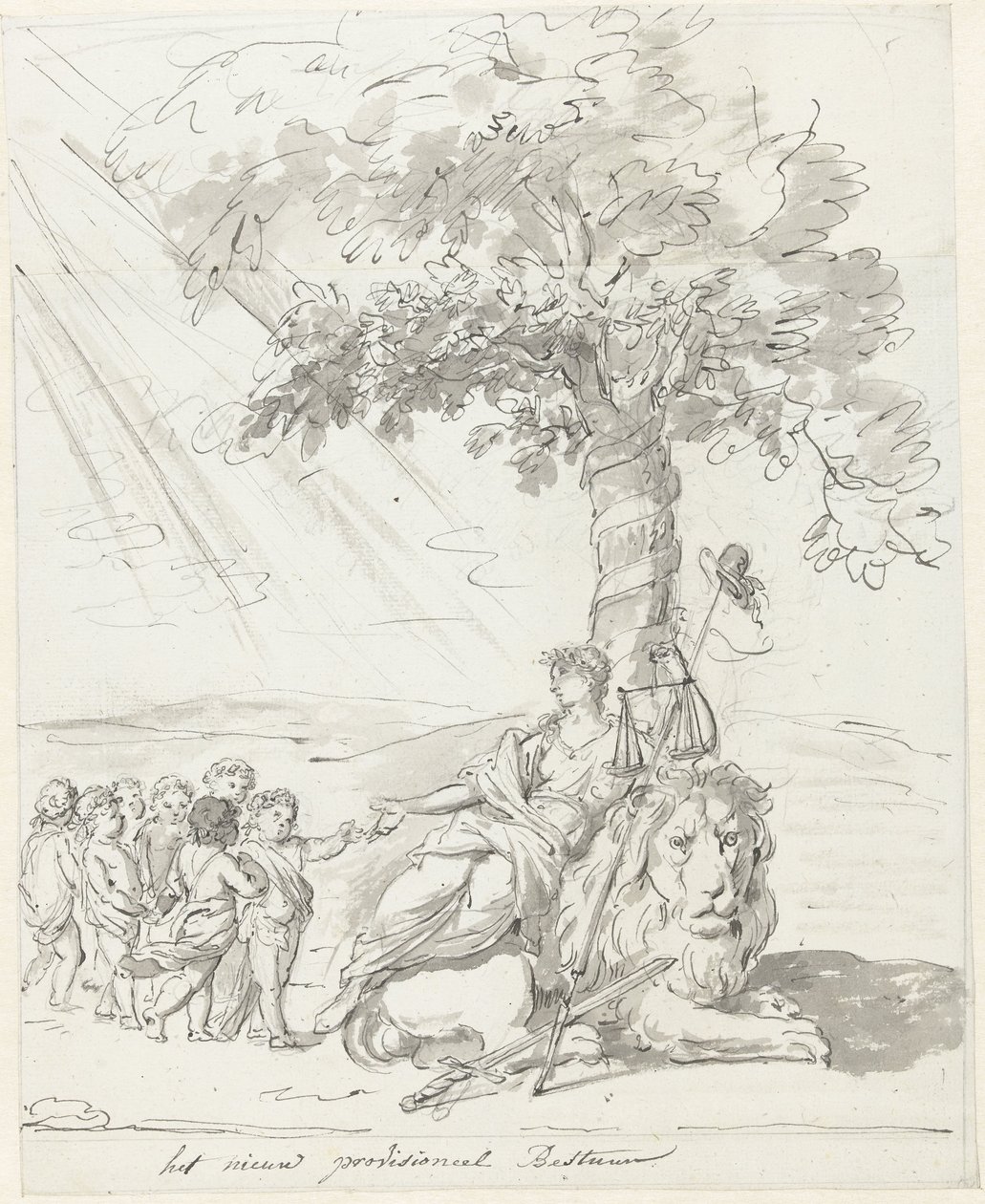 Kansanhallitus perustettu, koristelu Amstelveldissä, 1795 Uusi väliaikainen johtokunta (kohteen nimi) tekijältä Johannes van Dregt (rejected attribution)