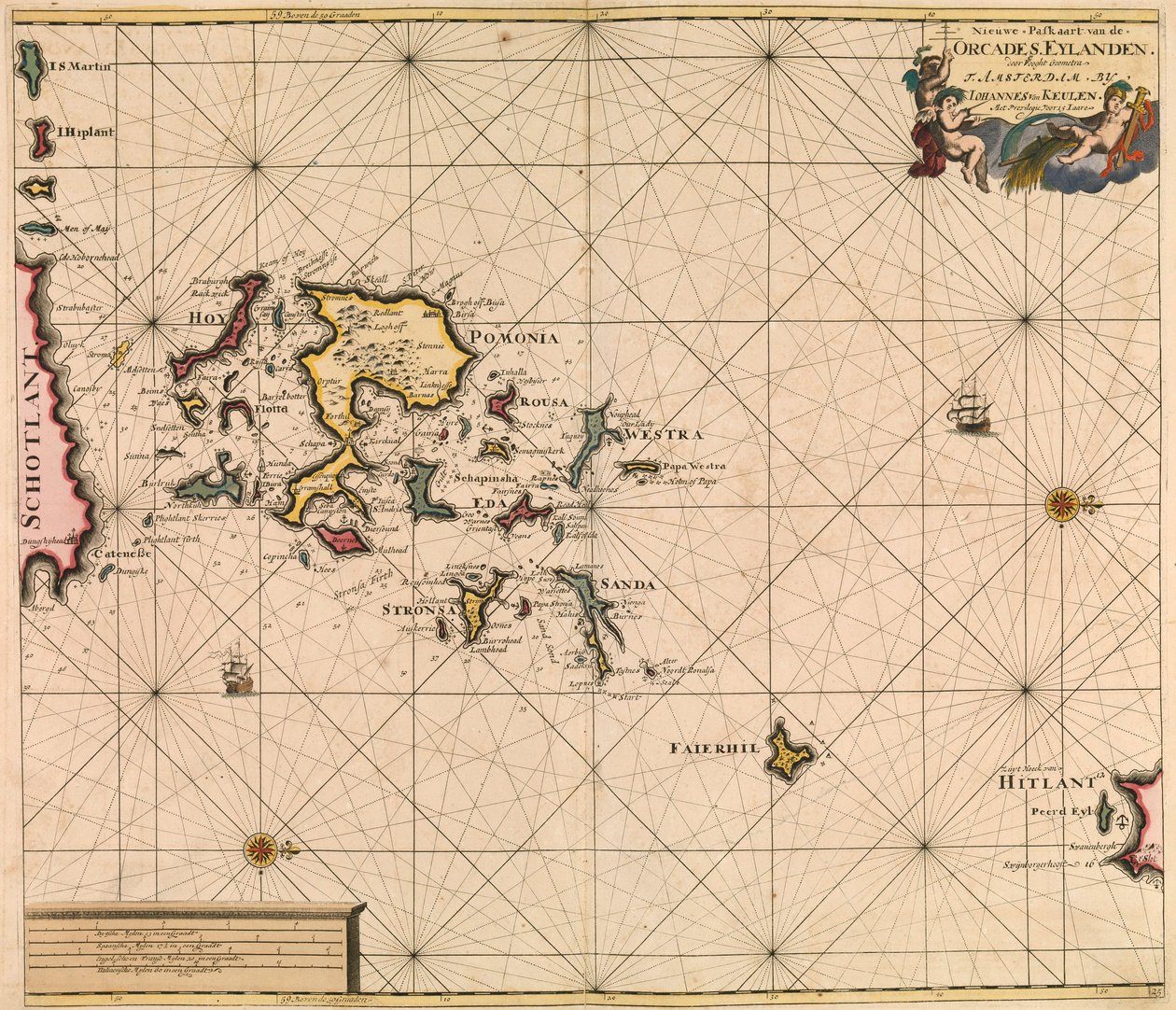 Orcades Eylanden (Orkneysaaret) kartta van Keulenin teoksesta "Great and Newly Enlarged Sea Atlas". tekijältä Johannes van Keulen