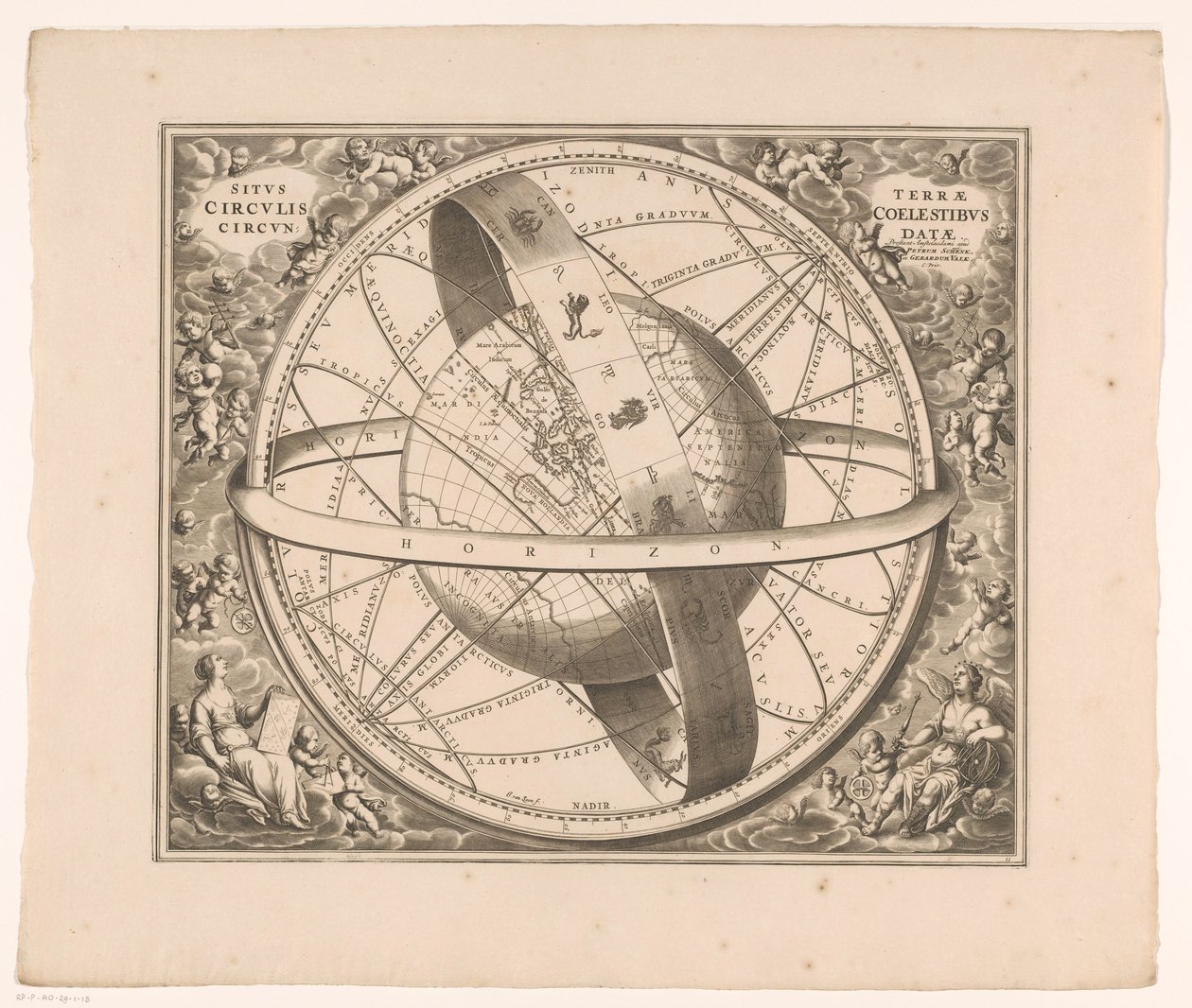 Hemelkaart van de aarde volgens het stelsel van Ptolemaeus Maan sijainti taivaallisten ympyröiden ympäröimänä (otsikko esineessä) tekijältä Johannes van Loon