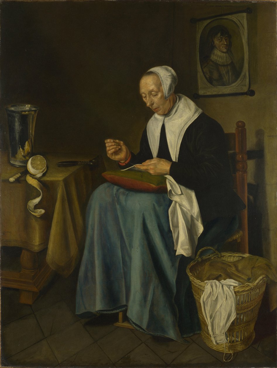 Vanhan naisen istuva ompelu, 1655 tekijältä Johannes van der Aeck