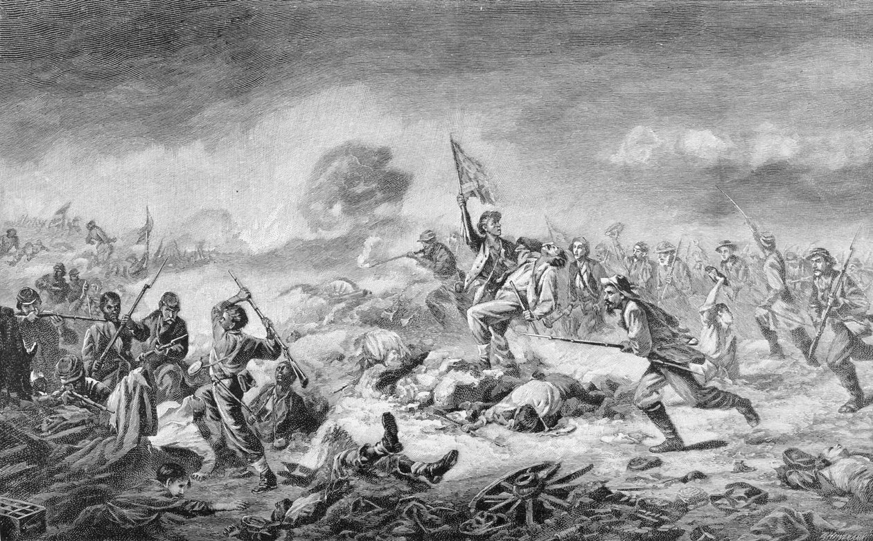 Kraatterin taistelu, kaiverrettu Ernst Heinemann (1848-1912), kuvitus teoksesta "Taistelut ja sisällissodan johtajat", toimittajina Robert Underwood Johnson ja Clarence Clough Buel tekijältä John Adams Elder