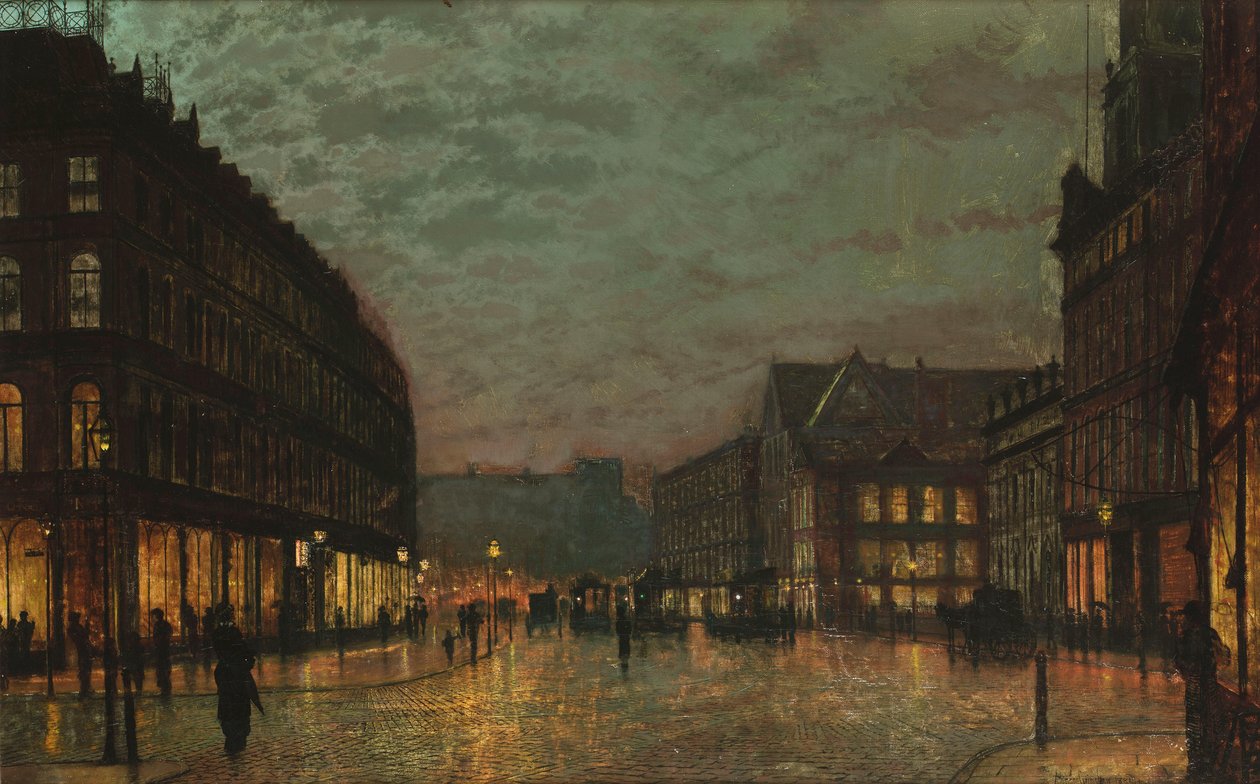 Boar Lane, Leeds, lampun valossa tekijältä John Atkinson Grimshaw