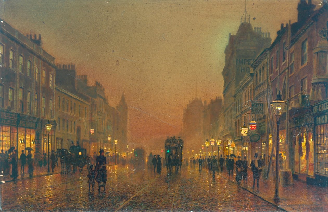 Briggate, Leeds, 1891 (öljy paperille ja kankaalle kiinnitettynä). tekijältä John Atkinson Grimshaw