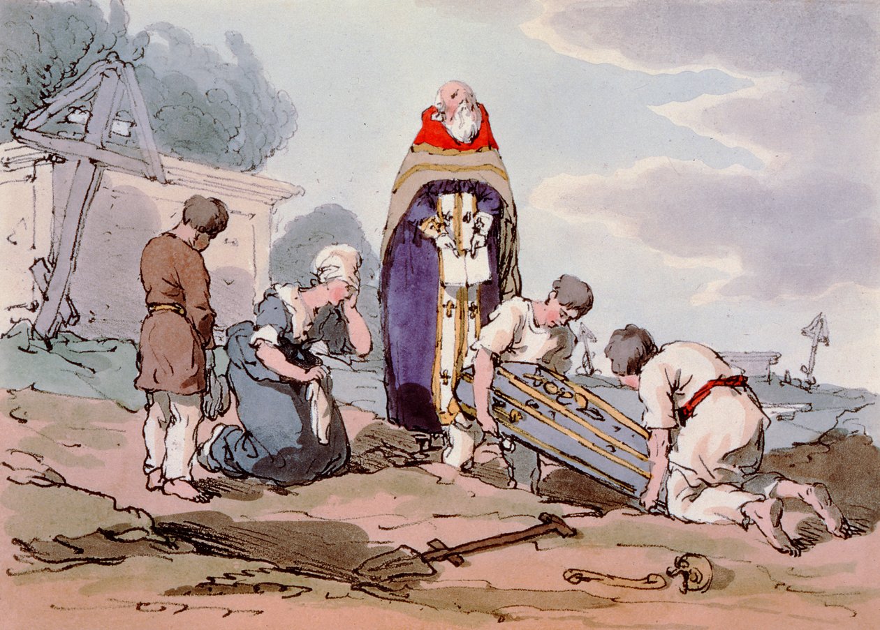 Hautaus, taiteilijan kaivertama, julkaistu 1804 tekijältä John Augustus Atkinson