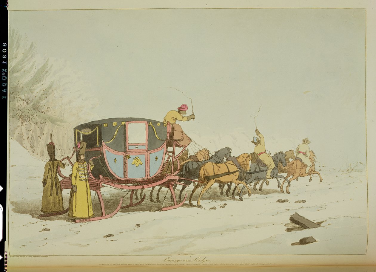 Carriage on Sledges, taiteilijan kaivertama, julkaistu 1803 tekijältä John Augustus Atkinson