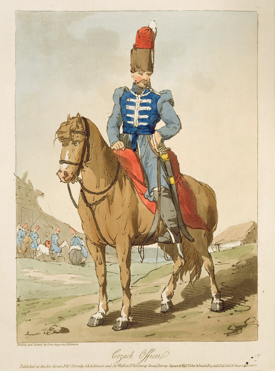 Kasakka upseeri, taiteilijan kaivertama, julkaistu 1804 tekijältä John Augustus Atkinson