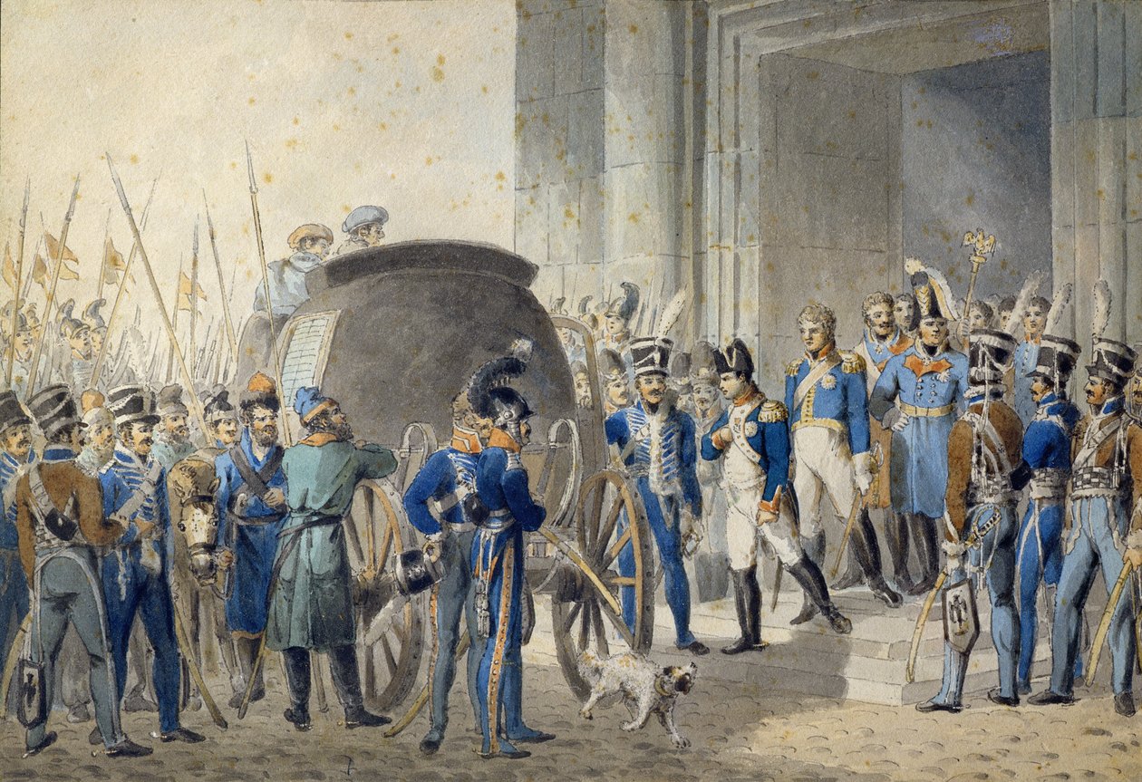 Napoleonin (1769-1821) lähtö Elbaan. tekijältä John Augustus Atkinson
