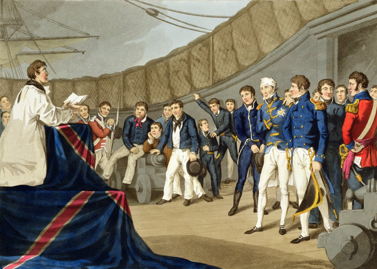 Merimiehet rukouksessa Lord Nelsonin laivalla Niilin taistelun jälkeen, kaiverrettu John Heaviside Clarkin (n. 1771-1863) ja Matthew Dubourgin (fl. 1813-20) teoksesta Historialliset, sotilaalliset ja laivaston anekdootit. tekijältä John Augustus Atkinson