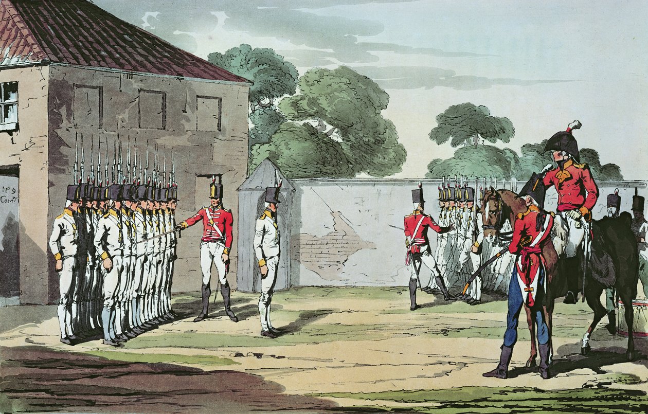 Soldiers Drilling, 1807 (värillinen etsaus) tekijältä John Augustus Atkinson