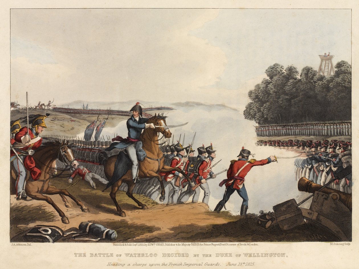 Waterloon taistelu, jonka Wellingtonin herttua päättää hyökätessään Ranskan keisarillisen kaartin kimppuun, 18. kesäkuuta 1815, kaiverrettu M. Dubourgilta, 1819 (värillinen akvatintta). tekijältä John Augustus Atkinson