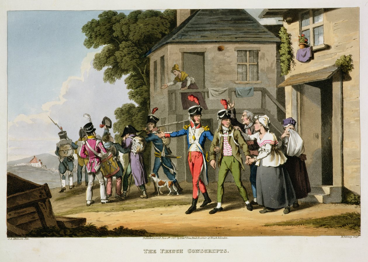 Ranskalaiset varusmiehet, kaiverrettu Matthew Dubourg (fl.1813-20) ja John Heaviside Clark (n.1771-1863) julkaisusta Historic, Military and Naval Anekdootit, pub. kirjoittanut Edward Orme (1774-n. 1820) 1817 (akvatinta) tekijältä John Augustus Atkinson