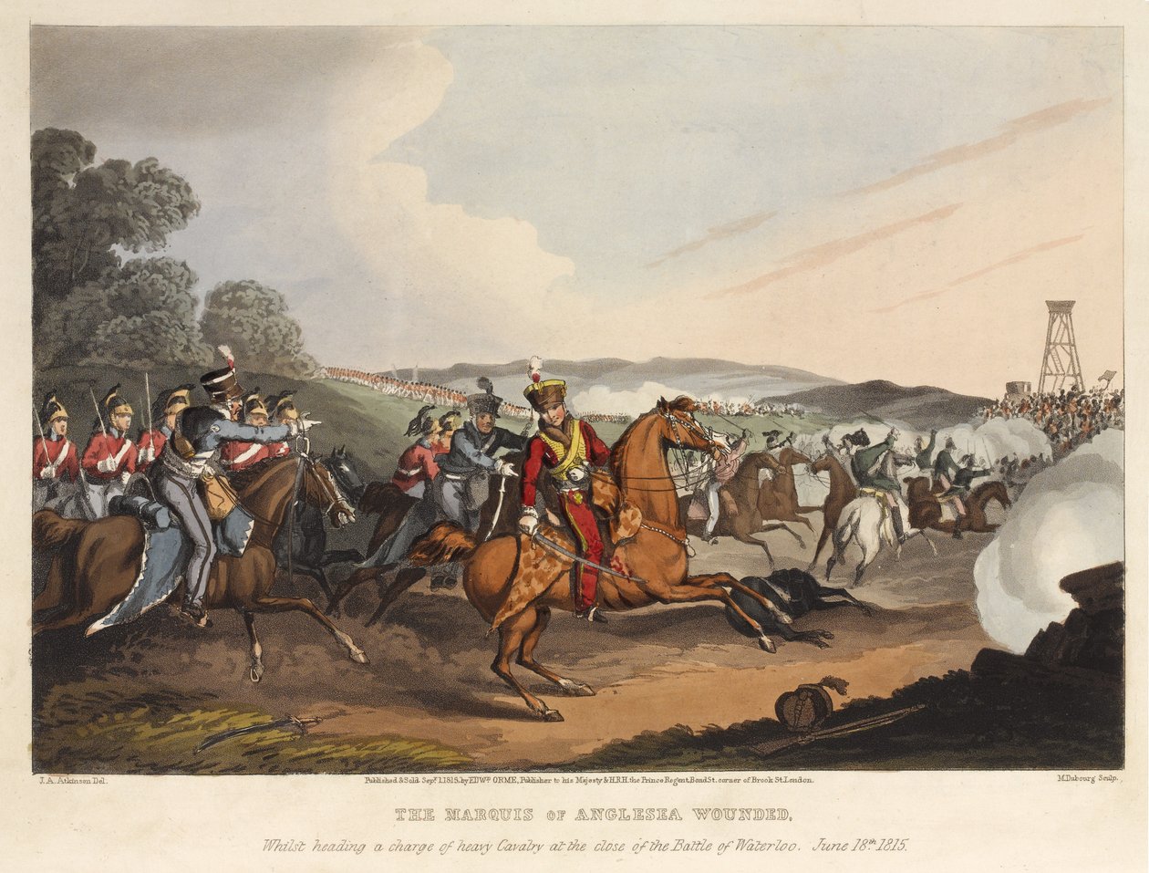 Anglesean markiisi [sic] haavoittui, kun hän johti raskaan ratsuväen hyökkäystä Waterloon taistelun päätteeksi 18. kesäkuuta 1815, kaiverrus M. Dubourg, 1819 (värinen akvatinta) tekijältä John Augustus Atkinson