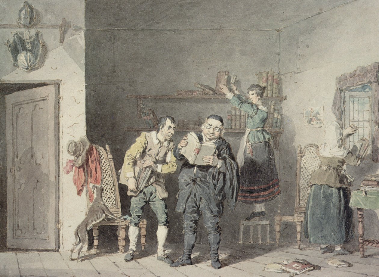 Pappi ja parturi yhdessä Don Quijoten taloudenhoitajan ja veljentyttären kanssa puhdistamassa Donin kirjaston ritarikirjoista tekijältä John Augustus Atkinson