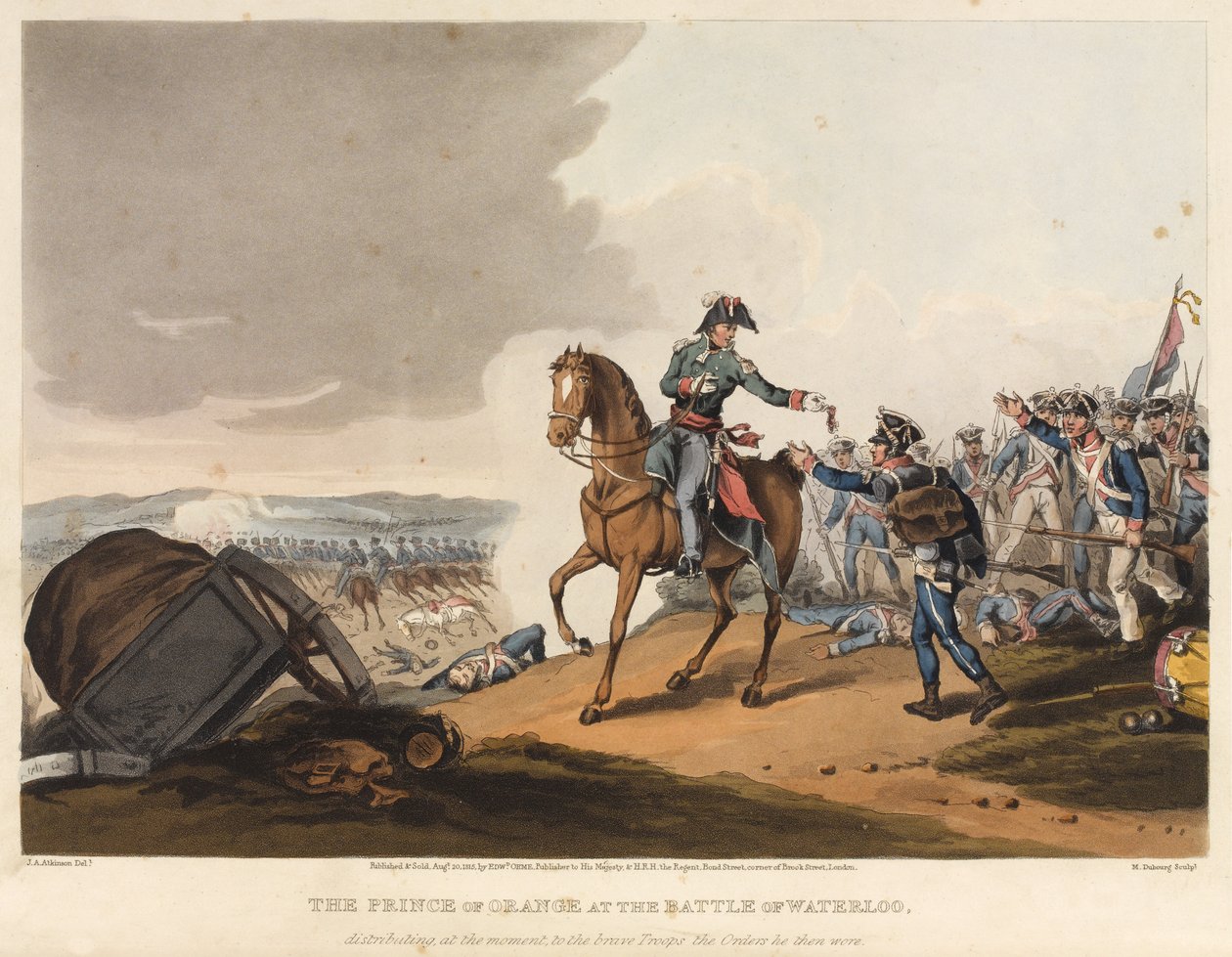 Orangen prinssi Waterloon taistelussa, jakoi tällä hetkellä rohkeille joukoille käskyjä, joita hän käytti, kaiverrettu M. Dubourg, 1819 (värinen akvatinta) tekijältä John Augustus Atkinson