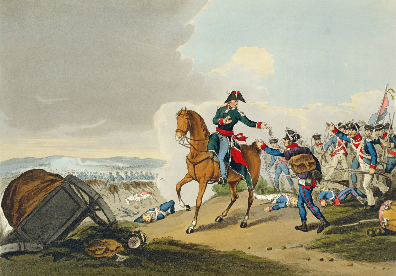 Orangen prinssi Waterloon taistelussa, kaivertanut Matthew Dubourg (fl.1813-20) pubista Historic, Military and Naval Anekdootit. kirjoittanut Edward Orme (1774-n. 1820) 1815 (akvatinta) tekijältä John Augustus Atkinson