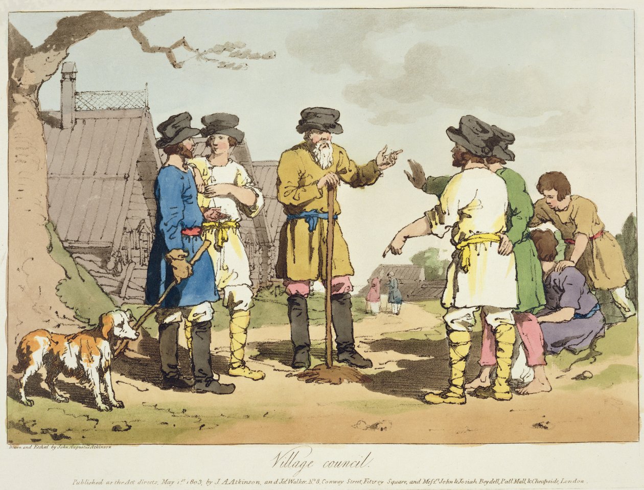 Taiteilijan kaivertama Kyläneuvosto julkaisi vuonna 1803 tekijältä John Augustus Atkinson