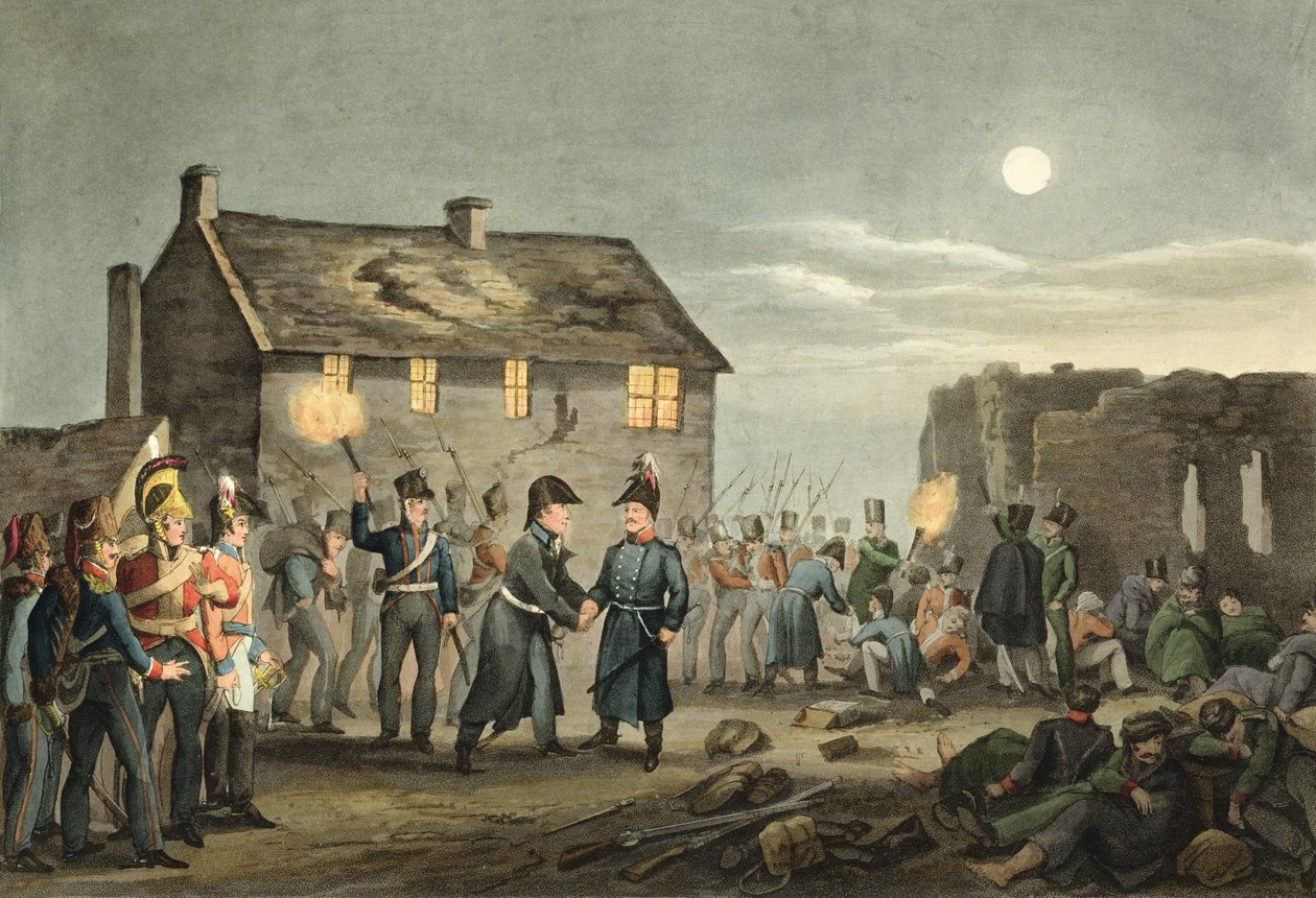 Wellingtonin ja Blucherin tapaaminen onnettomuudesta Waterloon taistelun päätteeksi, kaivertanut Matthew Dubourg (fl.1813-20) pubista Historic, Military and Naval Anekdootit. Kirjailija: Edward Orme (1774-c.1 tekijältä John Augustus Atkinson