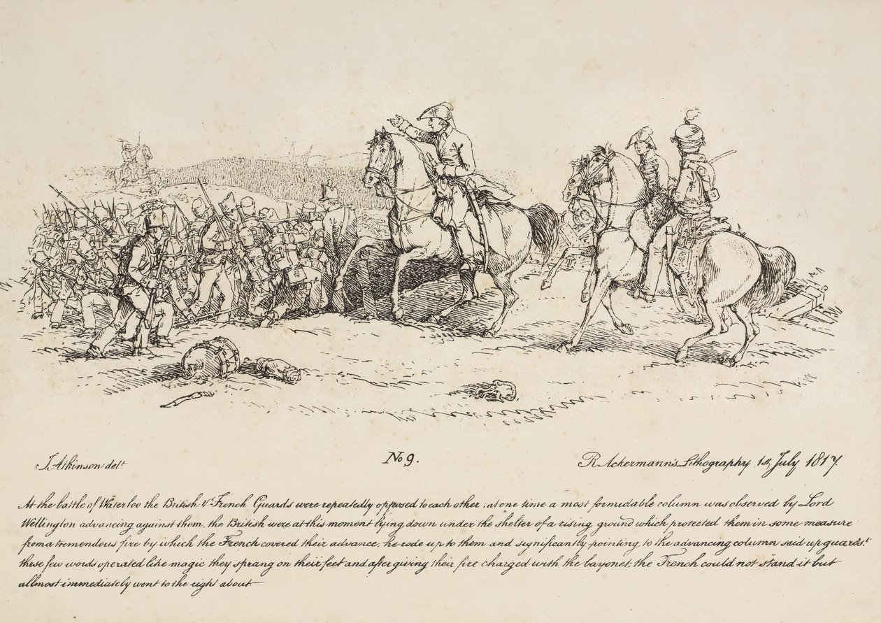 Wellington johtaa vartijoiden hyökkäystä ranskalaisten kolonnaa vastaan Waterloon taisteluissa, R. Ackermannin litografia, 1815. tekijältä John Augustus Atkinson