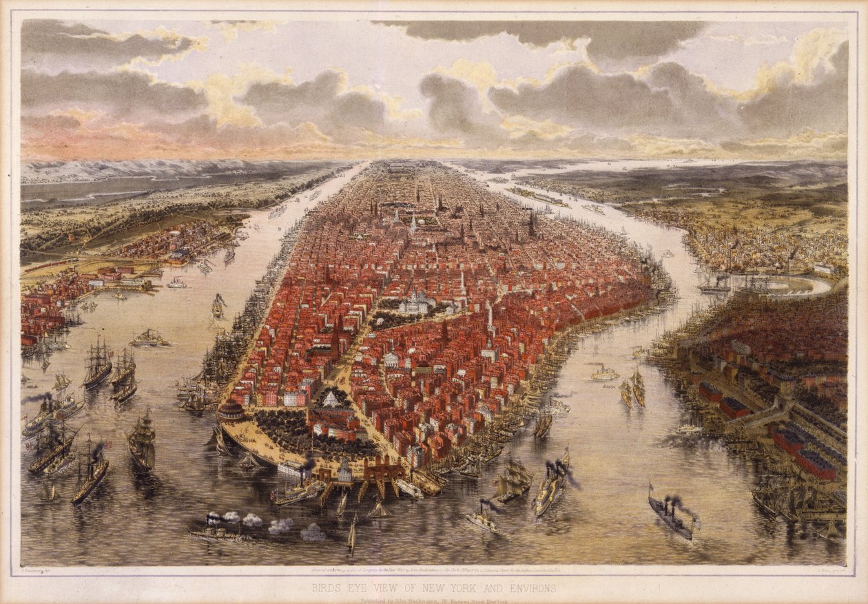 Birds Eye View New Yorkista ja sen ympäristöstä, 1865 tekijältä John Bachmann