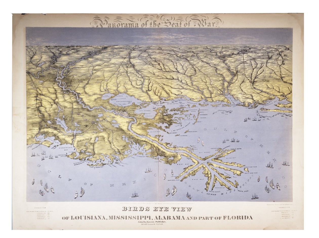 Panorama of the Seat of War: Lintuperspektiivistä Louisiana, Mississippi, Alabama ja osa Floridasta, 1861 tekijältä John Bachmann