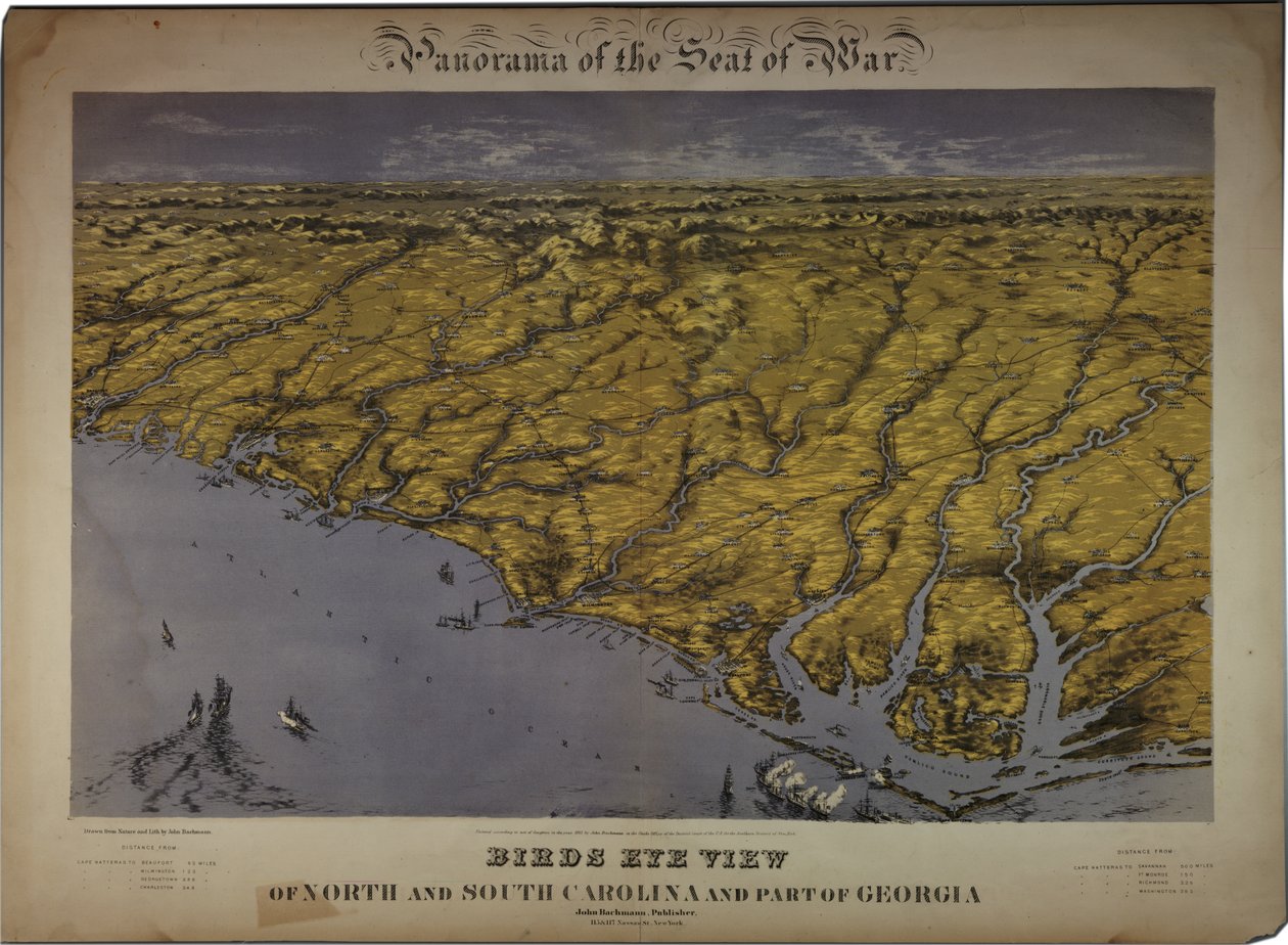 Panorama of the Seat of War: Lintuperspektiivistä Pohjois- ja Etelä-Carolina sekä osa Georgiasta, 1861 tekijältä John Bachmann