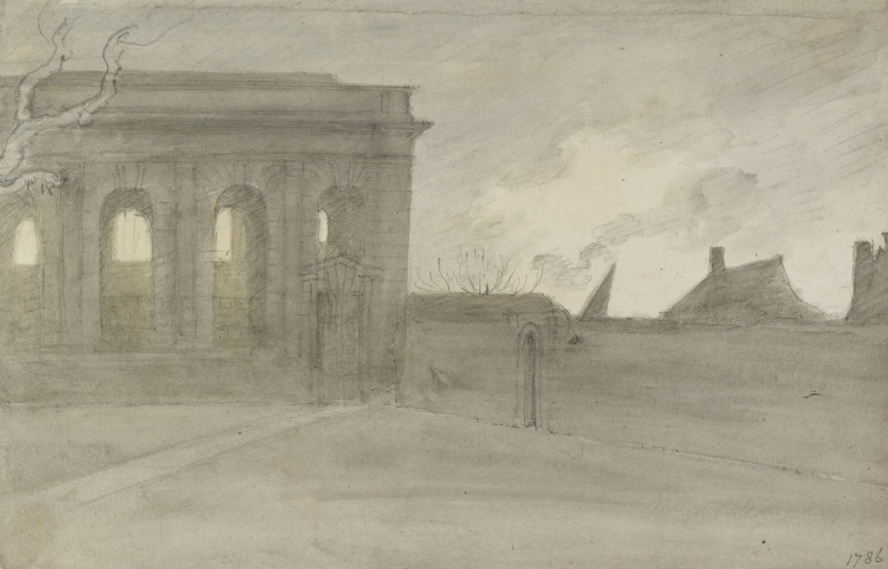 Pembroke Coll. Oxon., 9. marraskuuta 1786 (harmaa ja bistre-pesu grafiitin päällä) tekijältä John Baptist Malchair