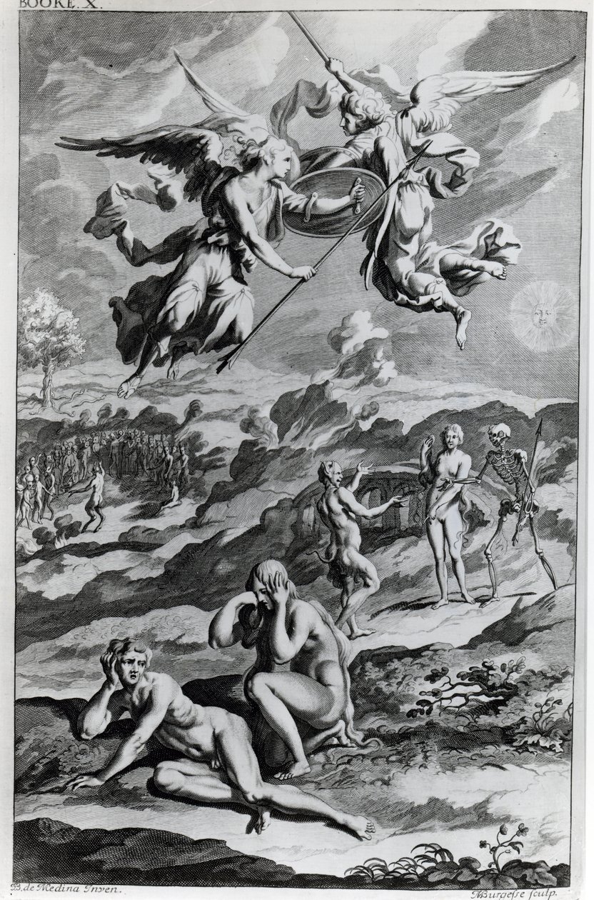 Aatami ja Eeva syntiinlankeemuksen jälkeen, kuvitus John Miltonin teoksesta "Kadonnut paratiisi", kaivertaja Michael Burghers, kuudes painos 1695. tekijältä John Baptist de Medina