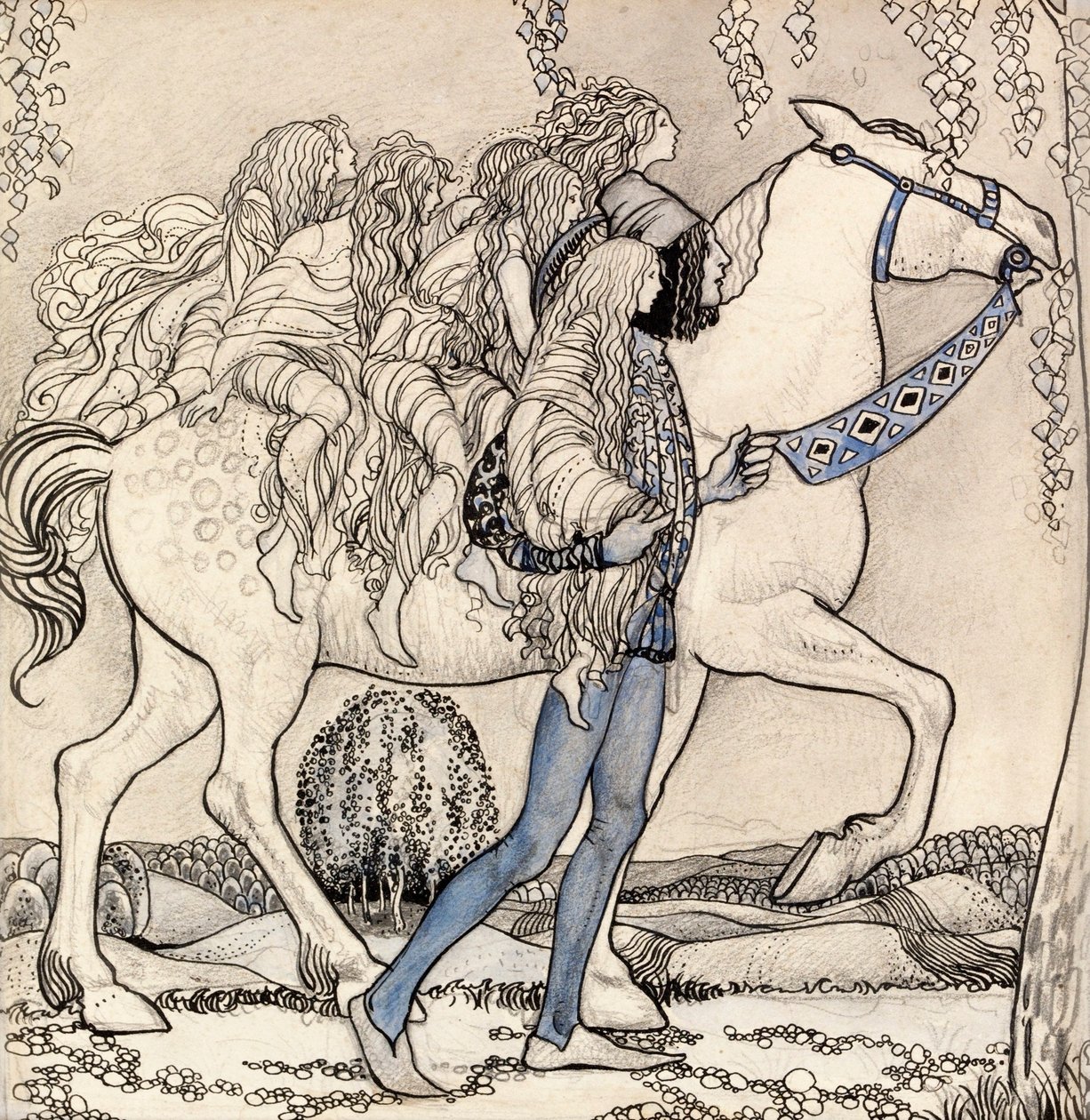 Hasten ledde han vid betslet och pa det viset fardades de genom skogen tekijältä John Bauer