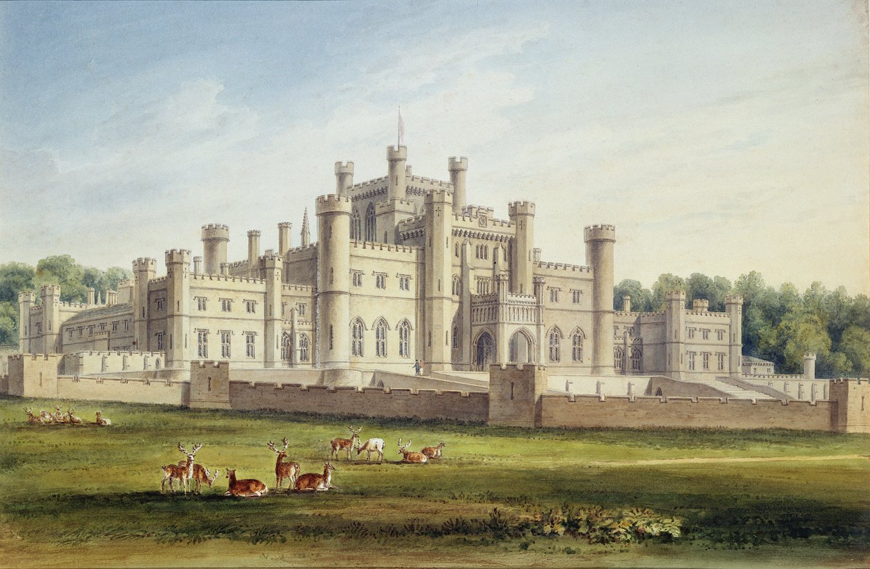 Koillisnäkymä Lowtherin linnalle, Westmoreland, Lonsdalen jaarlin kotipaikka, 1814 tekijältä John Chessell Buckler