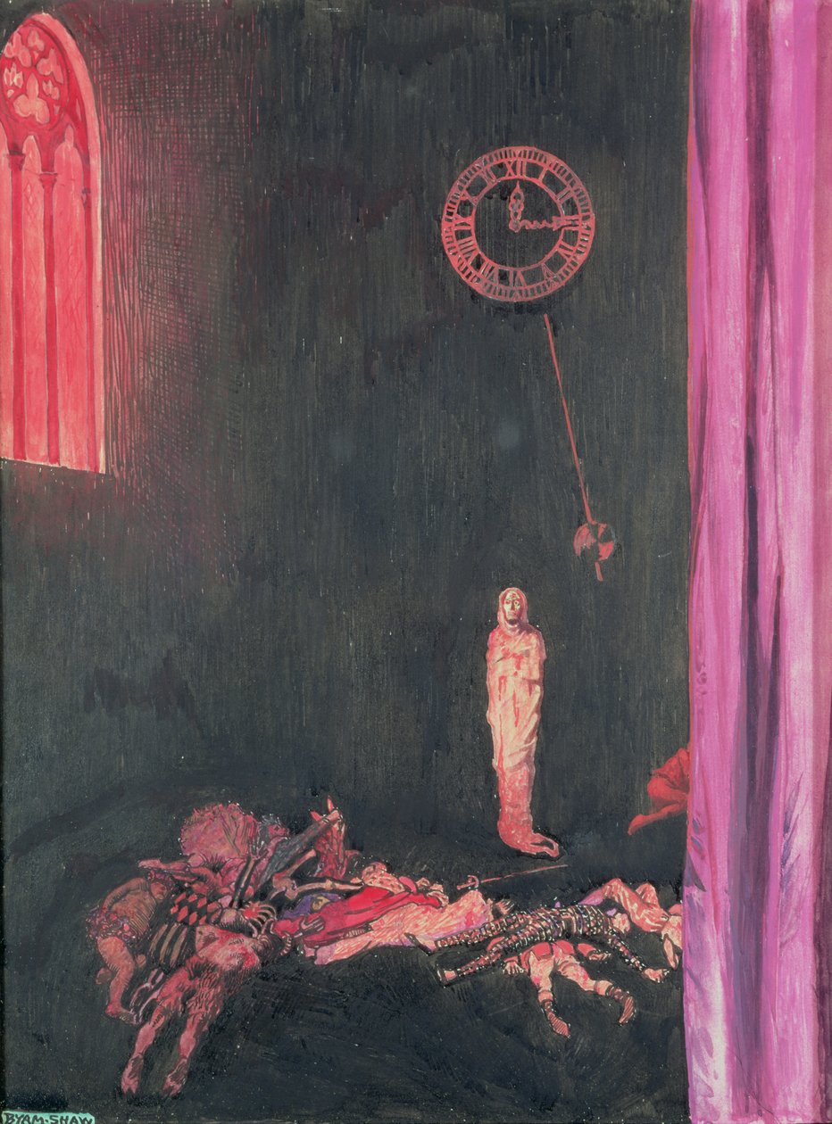 Pimeys ja rappeutuminen ja punainen kuolema hallitsivat kaikkia rajattomasti, kuvitus teokseen "Punaisen kuoleman naamio", Edgar Allan Poen "Selected Tales of Mystery", 1909 (wc ja guassia maalipaperille). tekijältä John Byam Liston Shaw