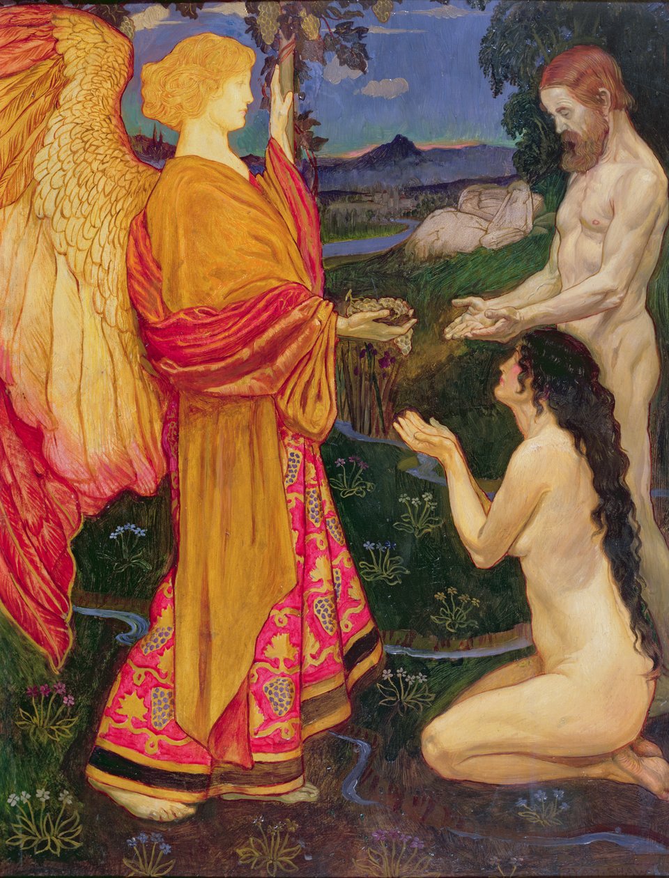 Enkeli tarjoaa Eedenin puutarhan hedelmiä Aadamille ja Eevalle tekijältä John Byam Liston Shaw