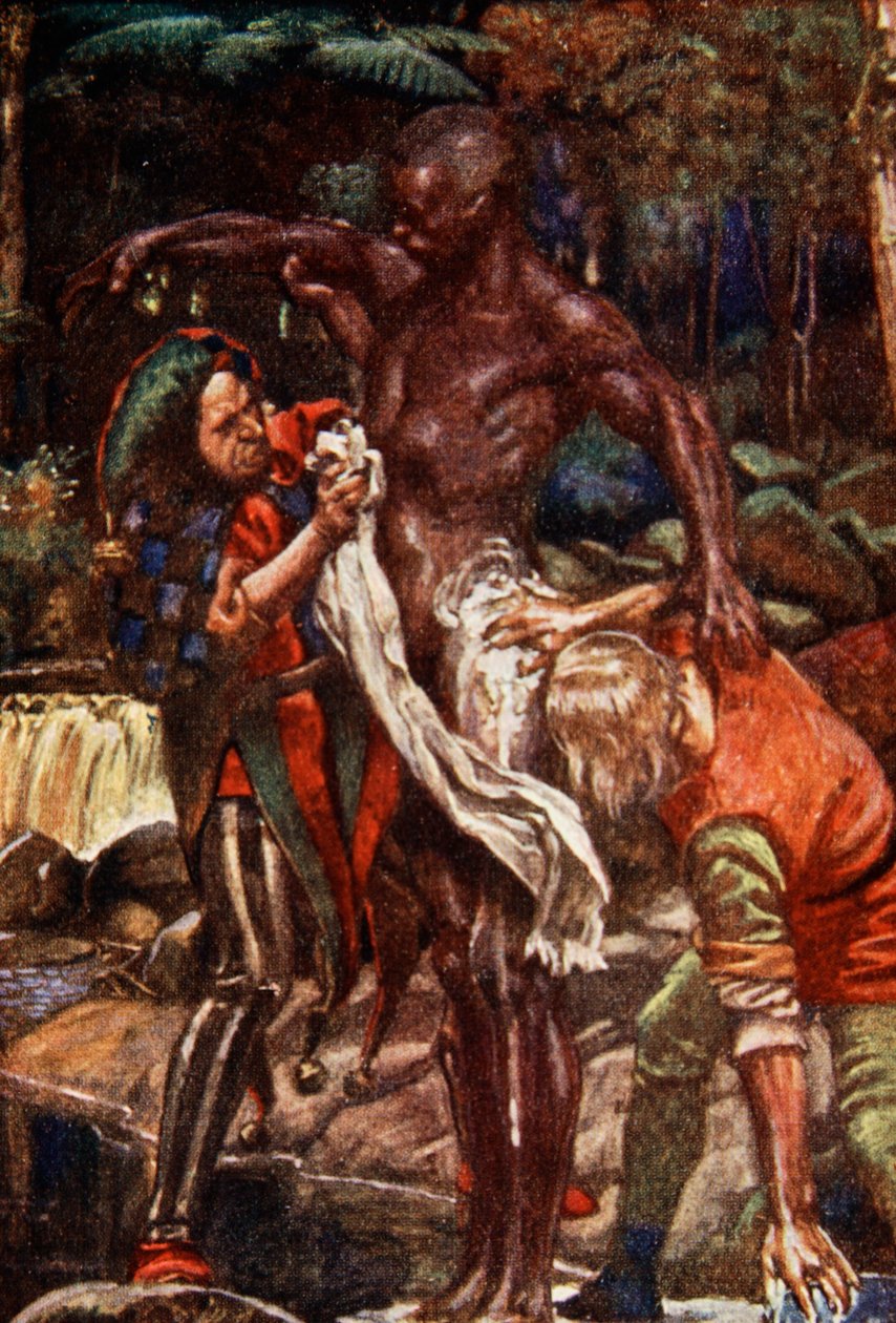 He näkivät yhden miehen nimeltä Fool ja toisen nimeltä Want-Wit pesemässä miestä, joka oli kotoisin maasta, jossa kaikki miehet olivat mustia, esimerkki John Bunyanin pyhiinvaeltajien edistymisestä, kertonut Mary Macgr. tekijältä John Byam Liston Shaw