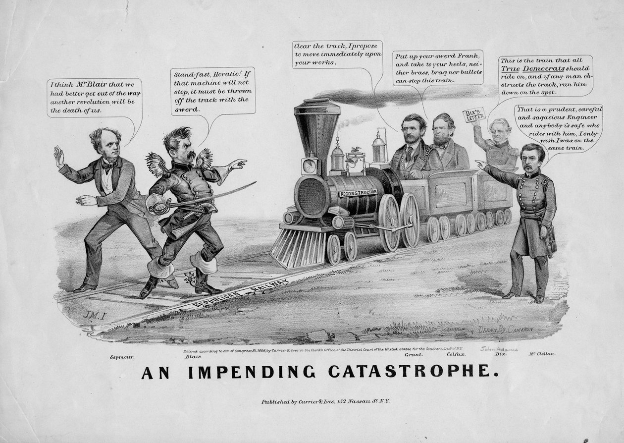 An impending catastrophe, julkaisija Currier und Ives, New York, 1868. tekijältä John Cameron