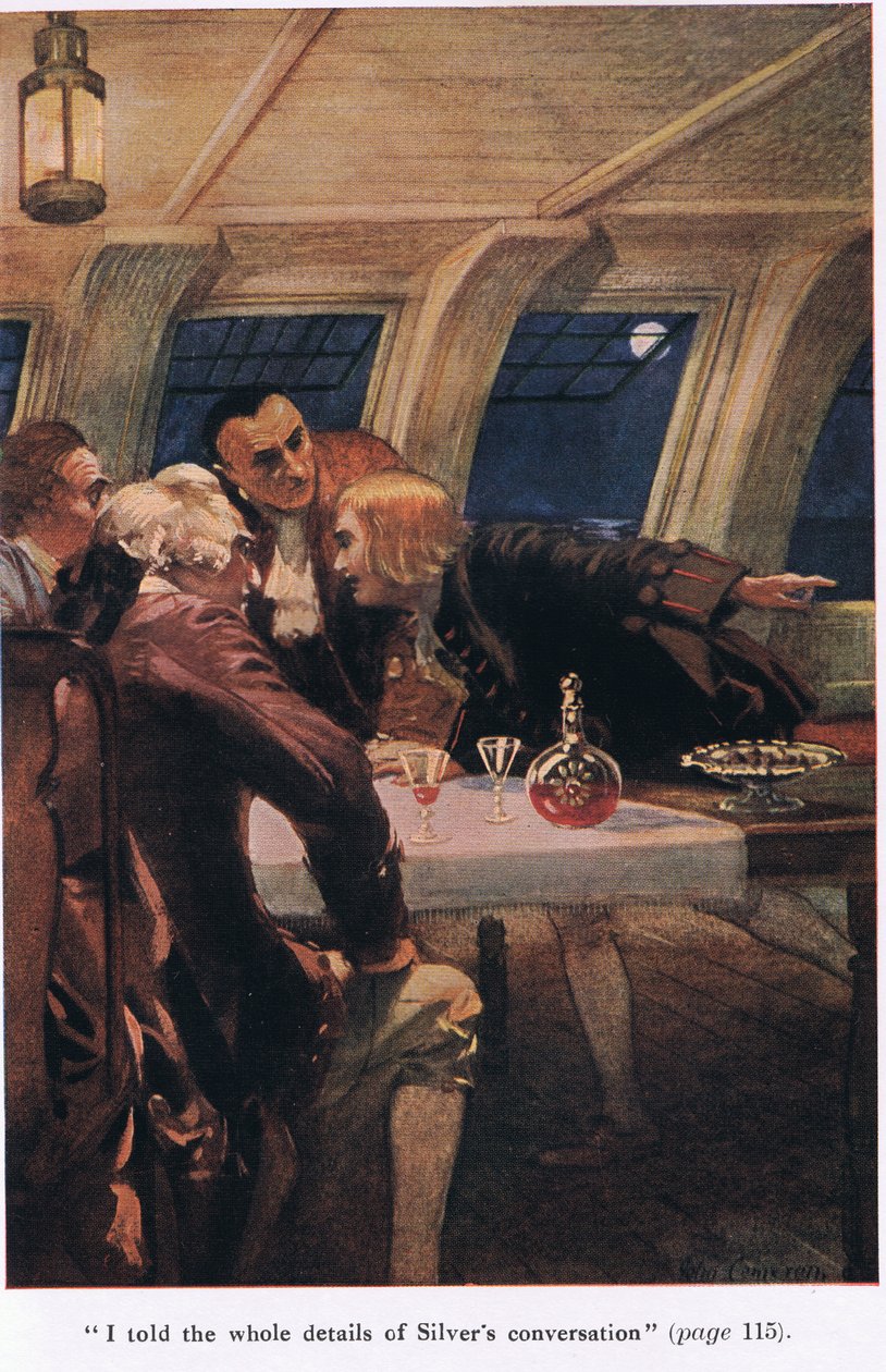 Kerroin heille Silverin keskustelusta, kuvituksen Robert Louis Stevensonin Treasure Islandista tekijältä John Cameron
