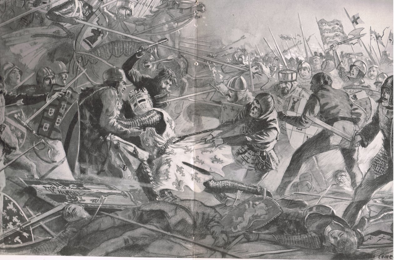 Philip hyökkäsi uudestaan ja uudestaan, kunnes englantilainen jalkaväki veti hänet hevosensa selästä. Esimerkki julkaisusta "British Battles on Land and Sea", julkaisija Cassell, Lontoo, n. 1910 tekijältä John Cameron
