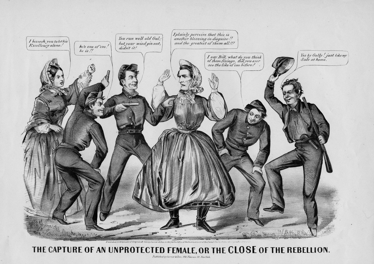 Suojaamattoman naisen vangitseminen tai Kapinan loppu, julkaisija Currier und Ives, New York, n. 1865 tekijältä John Cameron